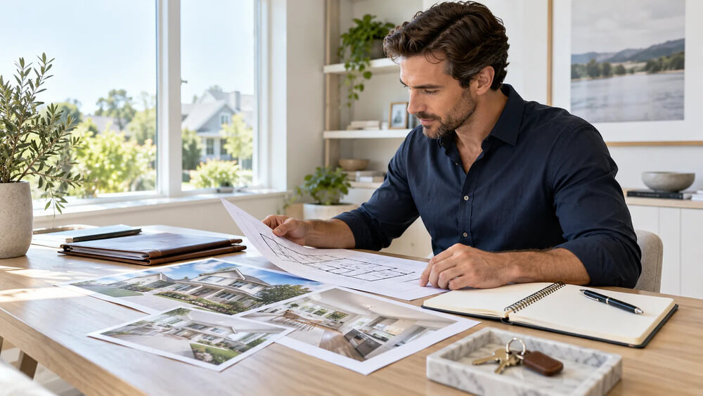 Real estate agent reviewing a floor plan and property photographs at a desk before a listing appointment.